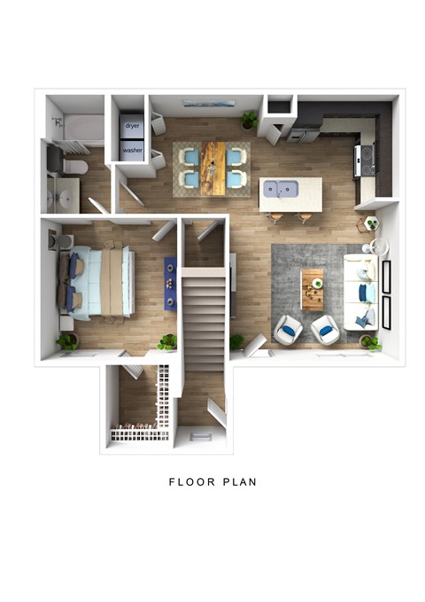 A floor plan of an apartment with a living room, kitchen, and bedrooms.